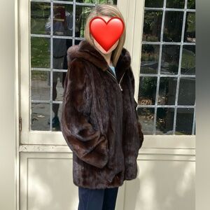 Gorgeous new mahogany mink parka with fur lined hood and zipper.  Size S.